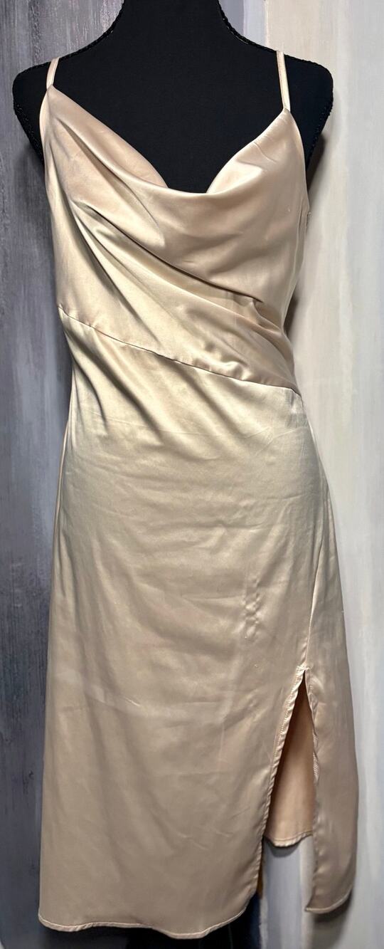 LYANER Champagne Satin Look Slip Dress Cowl Neck Midi Side Slit Stretch Size M